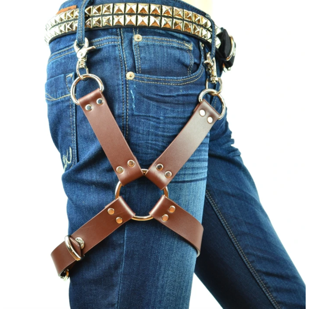 Ike Fire Emblem 100% Leather Harness, Belt, Leg piece + Bracers Brass Bullet Black Leather Leg Harness – AbracadabraNYC main image 2